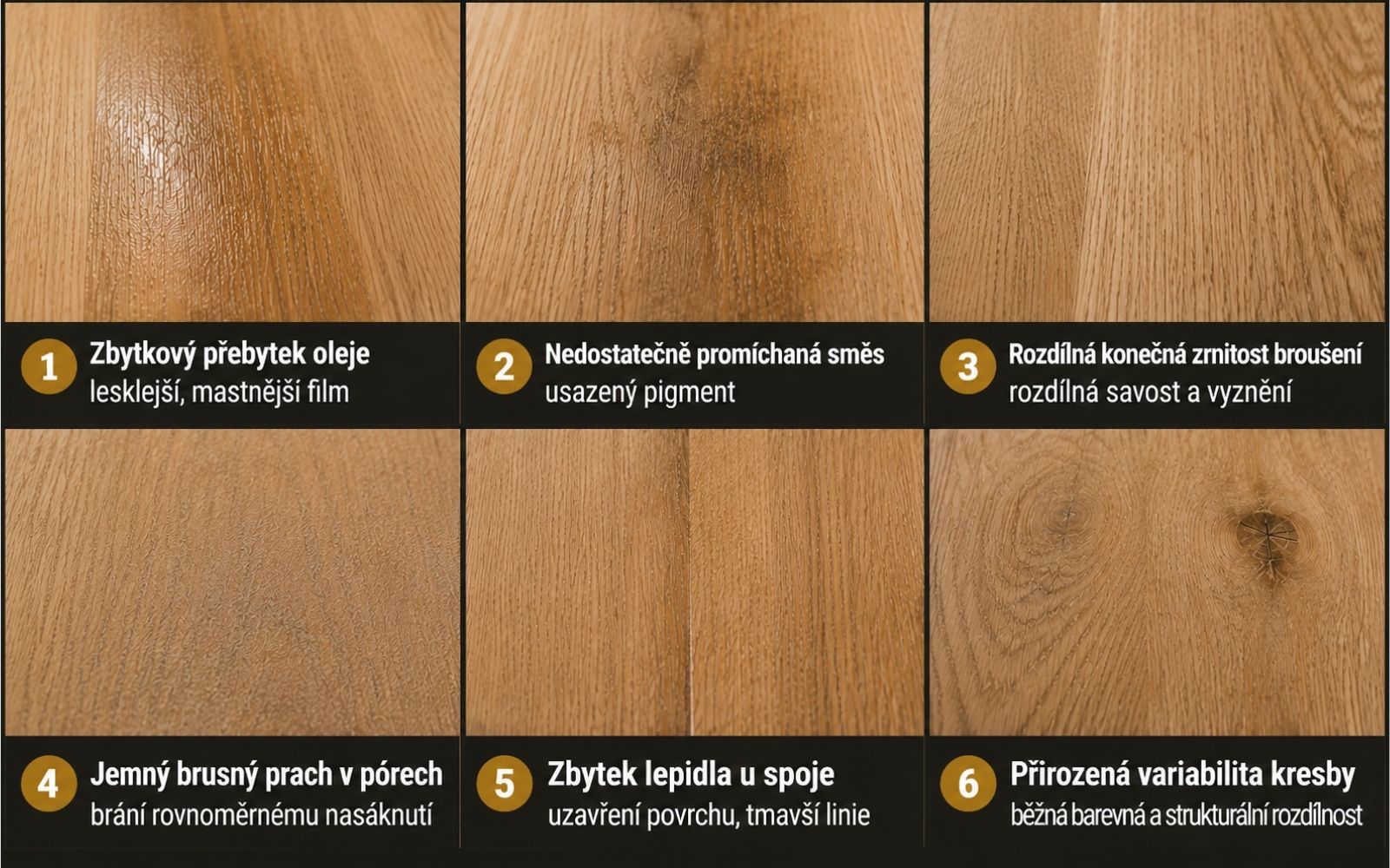 Šest příčin nerovnoměrného výsledku Oil Plus 2C na dubových vzorcích